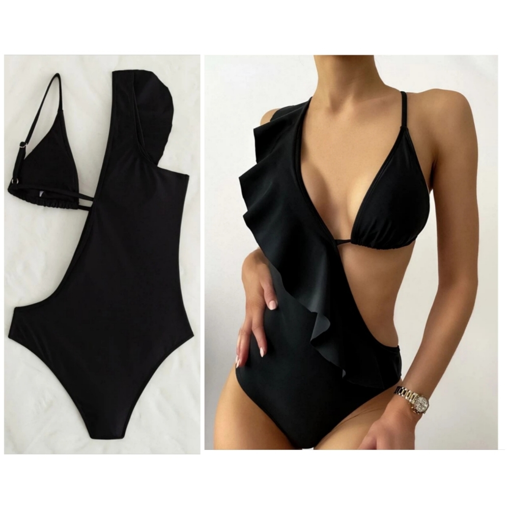 NWT Ruffle Trim One Piece Size Large Black Shein Swimsuit
